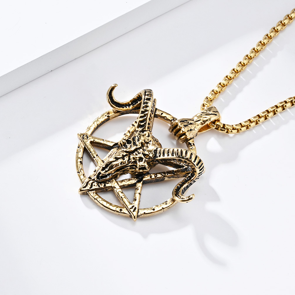 Kemstone Stainless Steel Goat Skull Pentagram Pendant Necklace – Gothic Vintage Design K-PT514