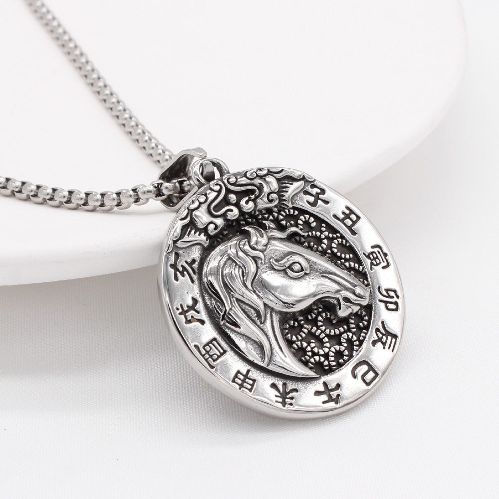 Kemston Zodiac Animal Medallion Necklace for Men Stainless Steel Vintage P0959