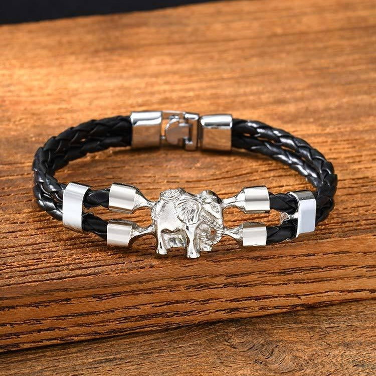 Kemstone Elephant Leather Bracelet Double Braided Black PU Cord with Alloy Clasp for Men BL-825