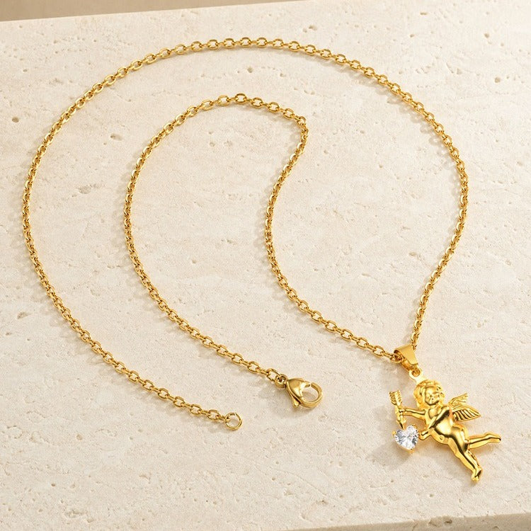Kemstone Cupid Pendant Necklace for Men & Women Gold Plated Stainless Steel Heart Accent PN-2279