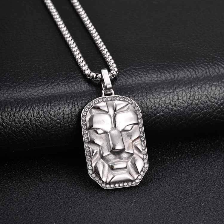 Kemston Face Pendant Necklace for Men Black Cubic Zirconia Leopard Stainless Steel Wild Identity PN-2350