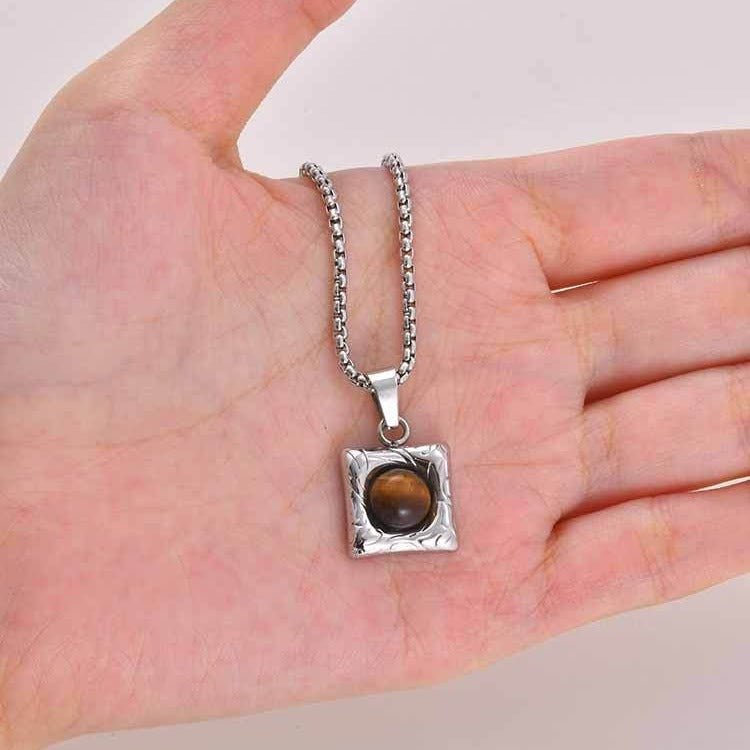 Kemston Stainless Steel Black Onyx Square Pendant Necklace for Men Minimal Stone Design PN-2421