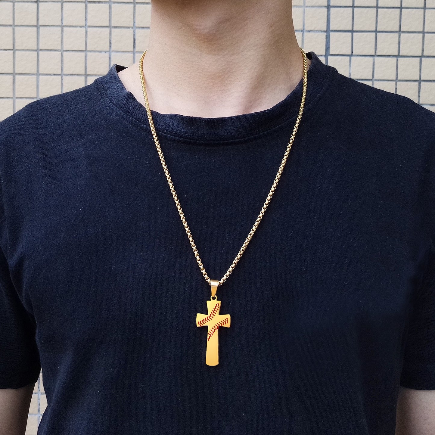Kemstone Stainless Steel Baseball Cross Pendant Necklace for Men Stitch Detail PN-1083
