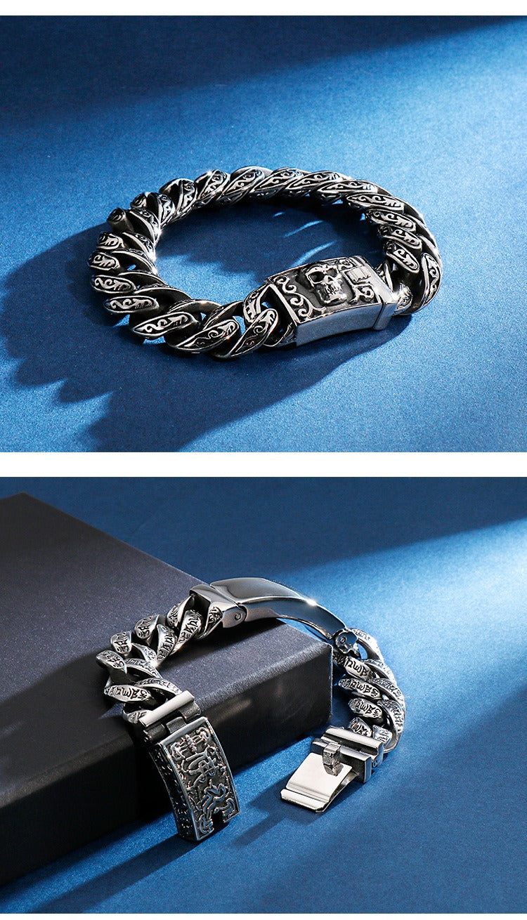 Kemstone Skull Clasp Stainless Steel Bracelet – Engraved Viking Chain Norse Men’s Jewelry KB120965