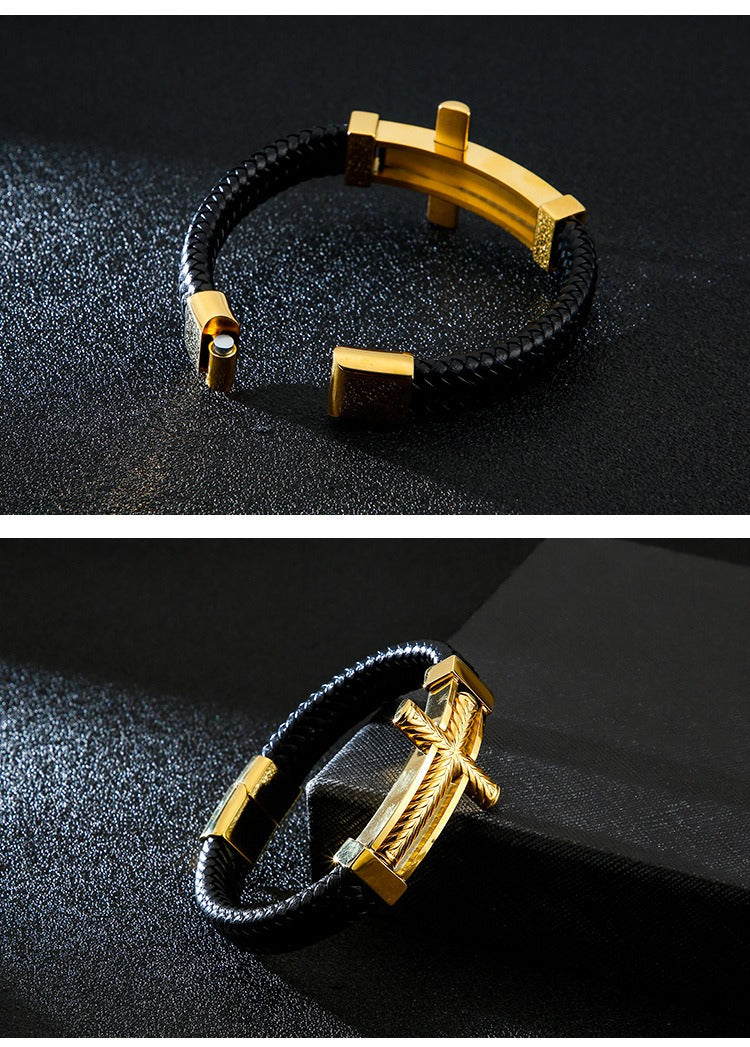 Kemstone Cross Leather Bracelet for Men Titanium Steel Braided Black Cord Design KB130233-KFC