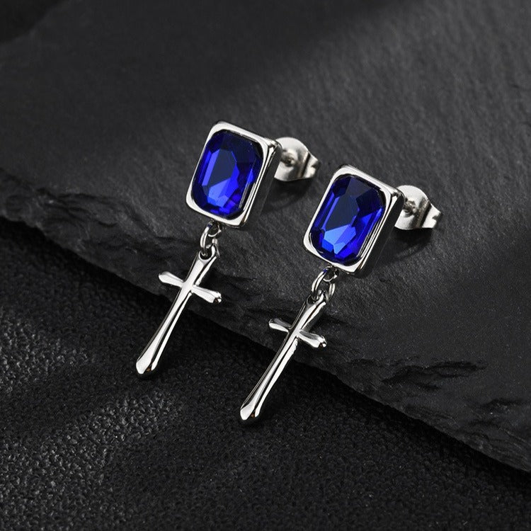 Kemstone Blue Crystal Cross Earring for Men Stainless Steel ED-1148