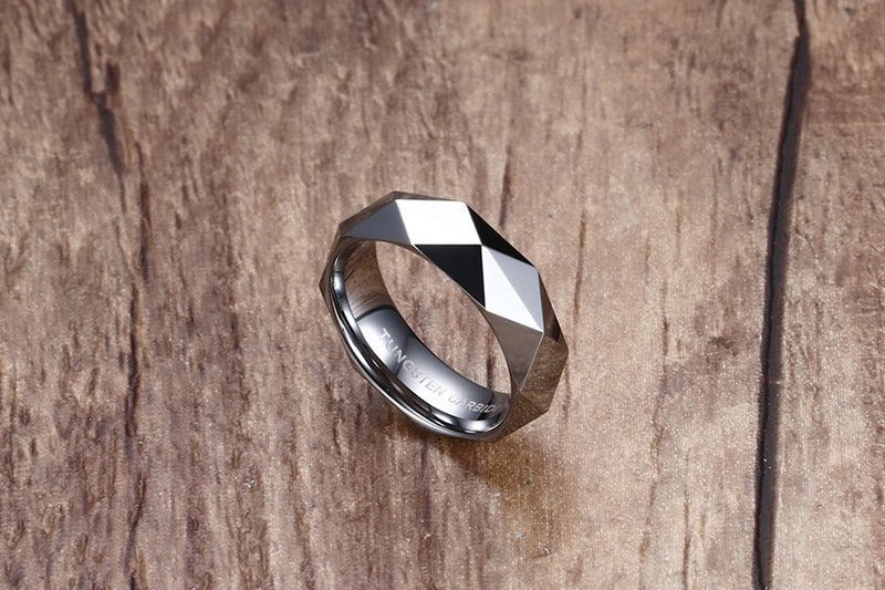 Kemstone 6MM Faceted Tungsten Steel Ring – Geometric Edge Durable Design TCR-033