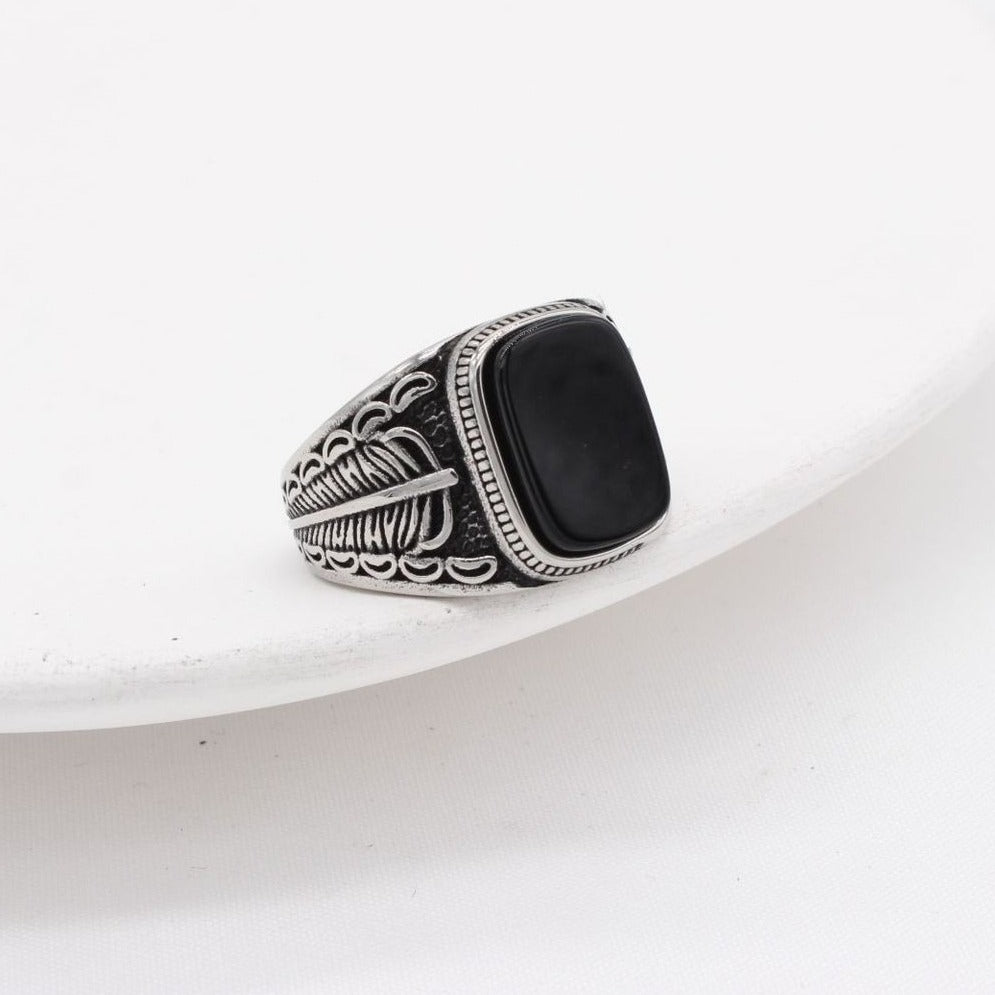 Kemstone Shell Signet Ring for Men Titanium Steel Feather Engraved R1207