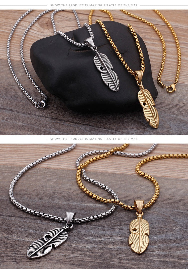 Kemstone Hollow Feather Pendant – Retro Titanium Steel Necklace for Men, Lightweight Hiphop Streetwear Jewelry KP77755-K