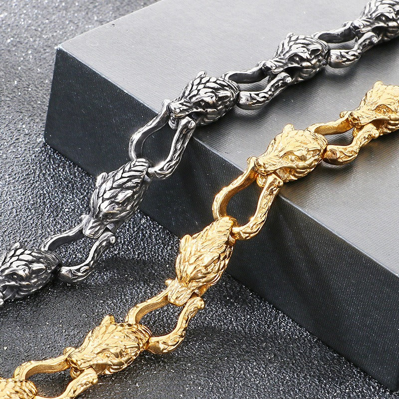 Kemstone Viking Tail-Biting Wolf Head Bracelet – Stainless Steel Vintage Design, Gold/Silver KB204389-KJX