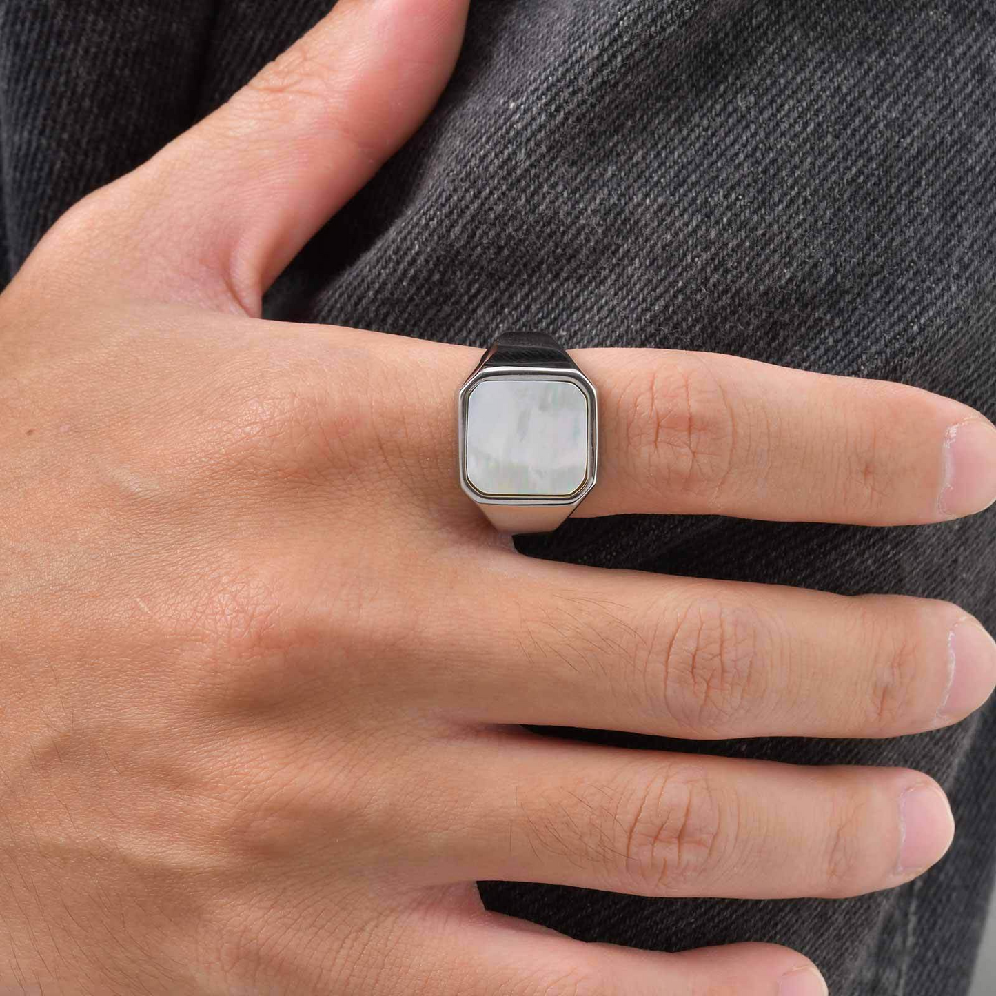 Kemstone Stainless Steel Abalone Shell Signet Ring – Natural Inlay Style for Men & Women RC-207