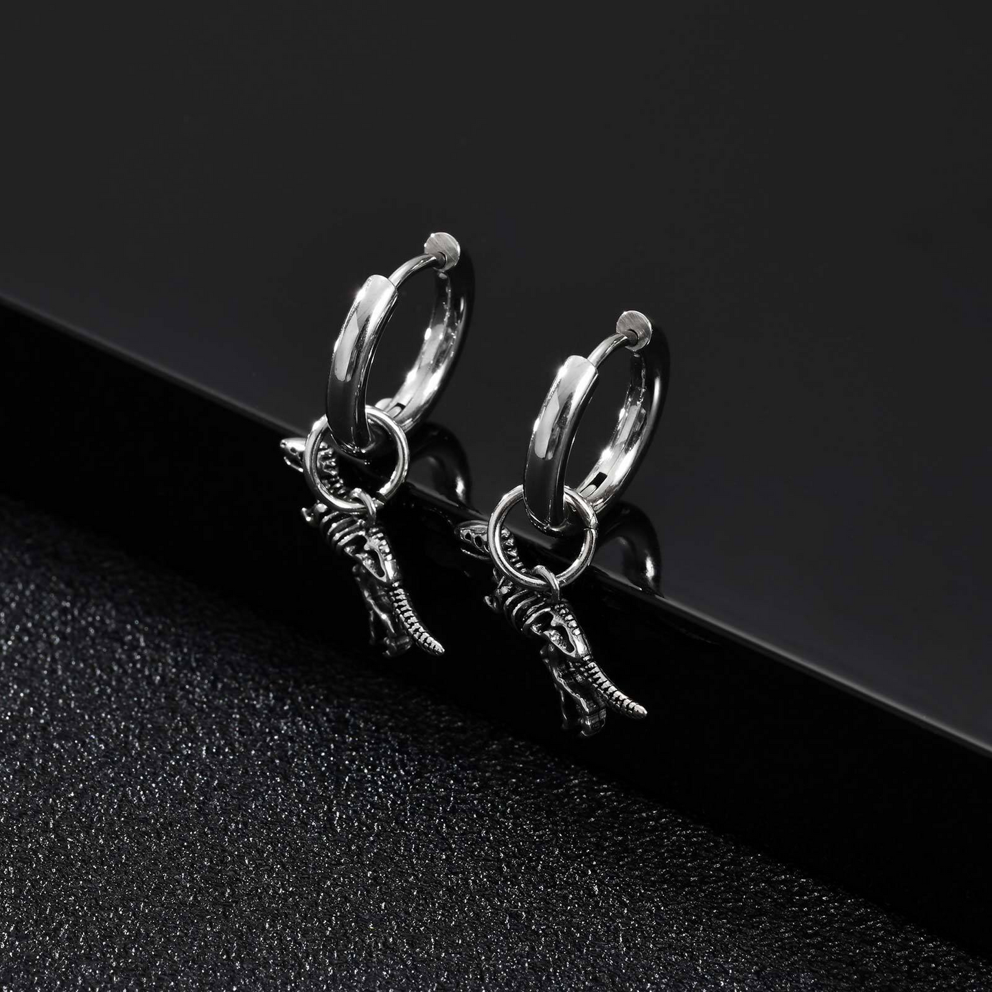 Stainless Steel Dinosaur Skeleton Hoop Earring for Men – Black Drop Charm ED-868