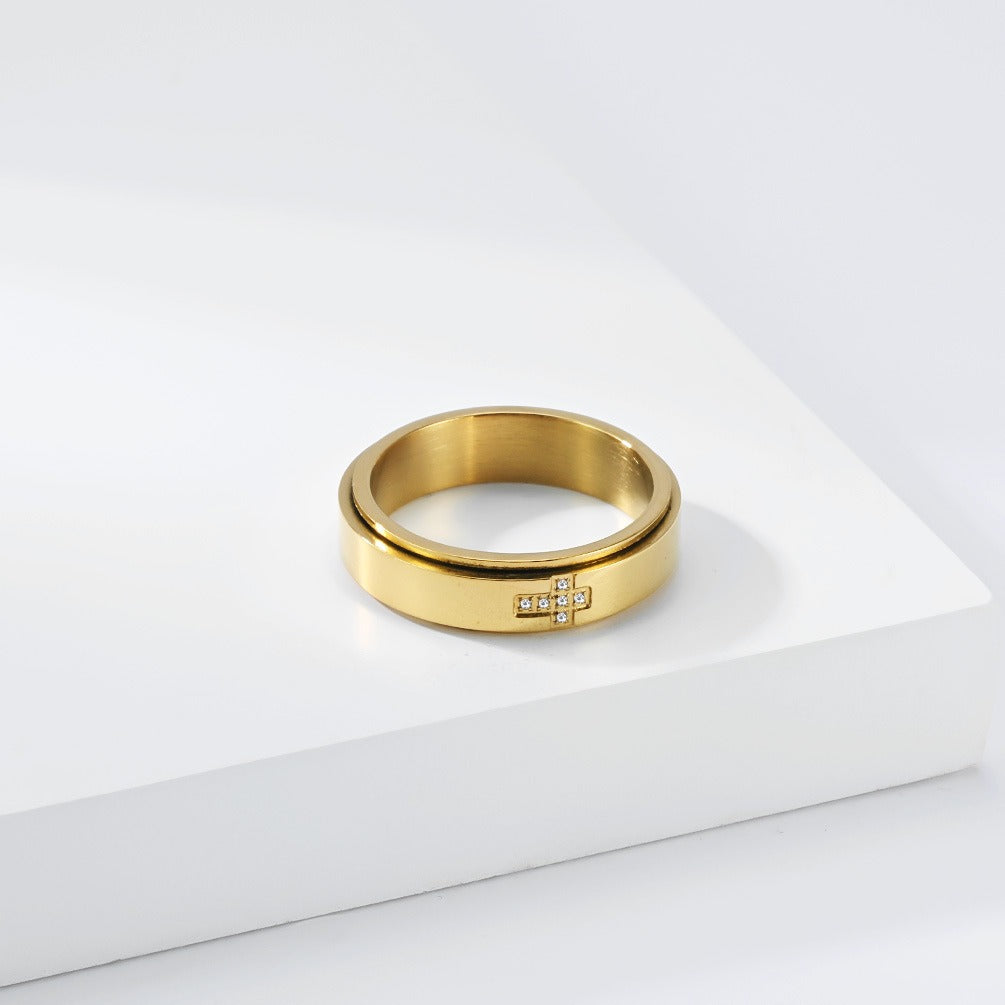 Kemston Rotating Cross Ring for Men & Women Stainless Steel Small Stone Detail K-R1220