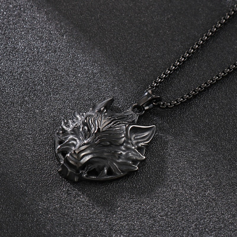 Kemstone Viking Wolf Head Pendant – Matte Stainless Steel Necklace for Men, Norse Punk Streetwear Jewelry KP81873