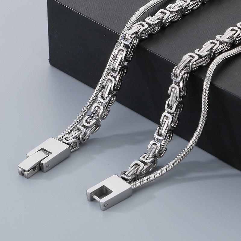 Kemstone Layered Rectangular Pendant Necklace for Men - Titanium Steel Double Chain KN283138-KFC