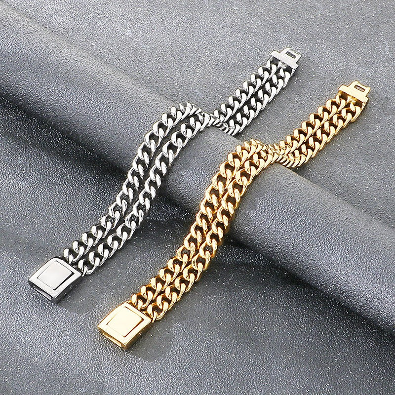 Kemstone Double Layer Cuban Chain Bracelet Titanium Steel Thick Link for Men Gold Silver KB184825-KJX
