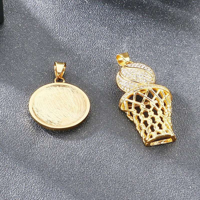 Kemstone Basketball Hoop Coin Pendant Necklace for Men – Rhinestone Titanium Steel Hip Hop Style KP117911-MZOZ