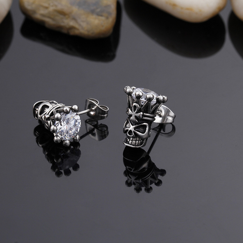 Kemstone Crowned Skull Cubic Zirconia Stud Earrings for Men – Titanium Steel Vintage Silver KE71702