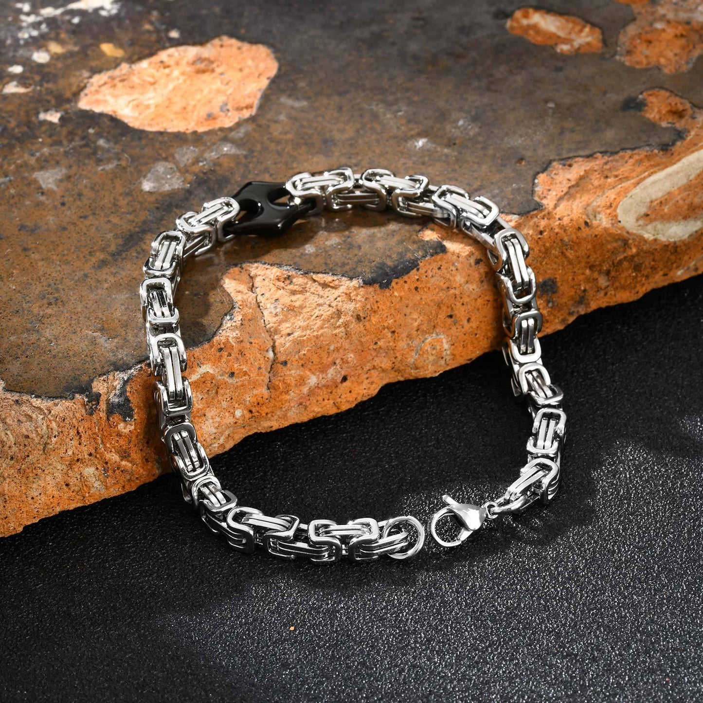 Kemstone Stainless Steel Byzantine Chain Bracelet – Geometric Link Design for Men BR-2701
