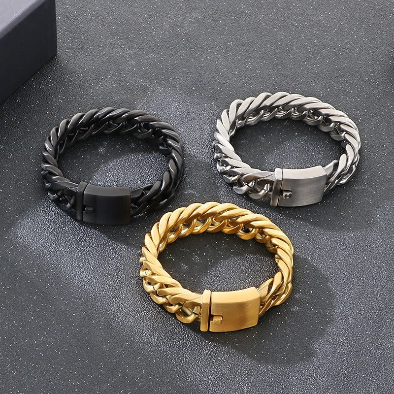 Kemstone Titanium Steel Double Weave Cuban Chain Bracelet – Four-Sided Brushed Style for Men KB39766-D