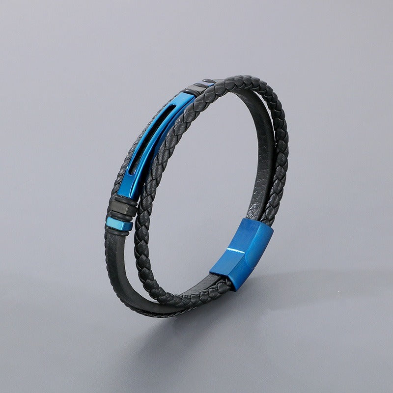 Kemstone Layered Braided Black Leather Bracelet for Men Titanium Steel Accent KB180741-JR