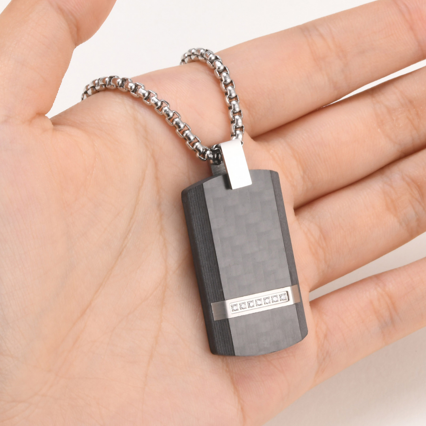 Kemstone Stainless Steel Rectangle Tag Pendant Necklace for Men – Carbon-Fiber Design PN-2085