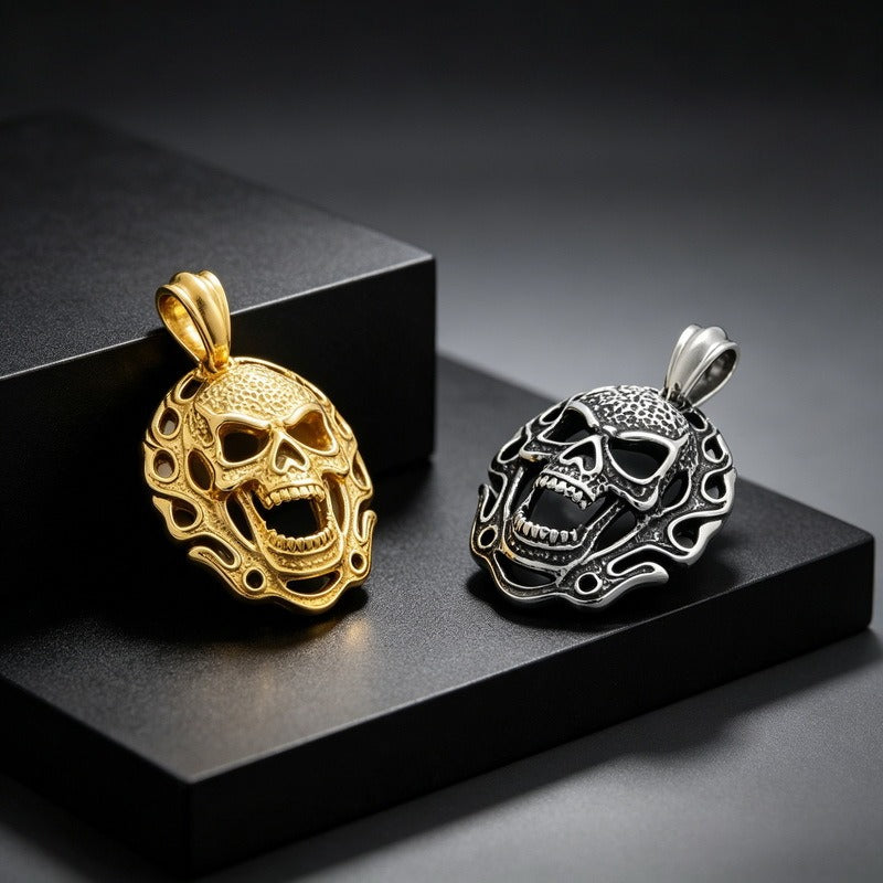 Kemstone Stainless Steel Flame Skull Pendant Necklace for Men Medallion KP118157-KJX