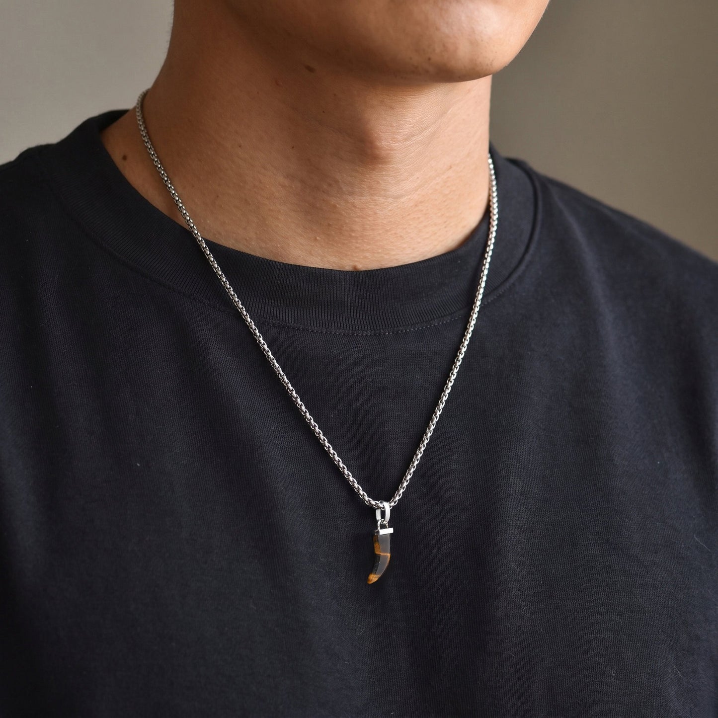 Kemstone Horn Pendant Necklace for Men & Women Stainless Steel Tiger Eye Black Agate PN-2438