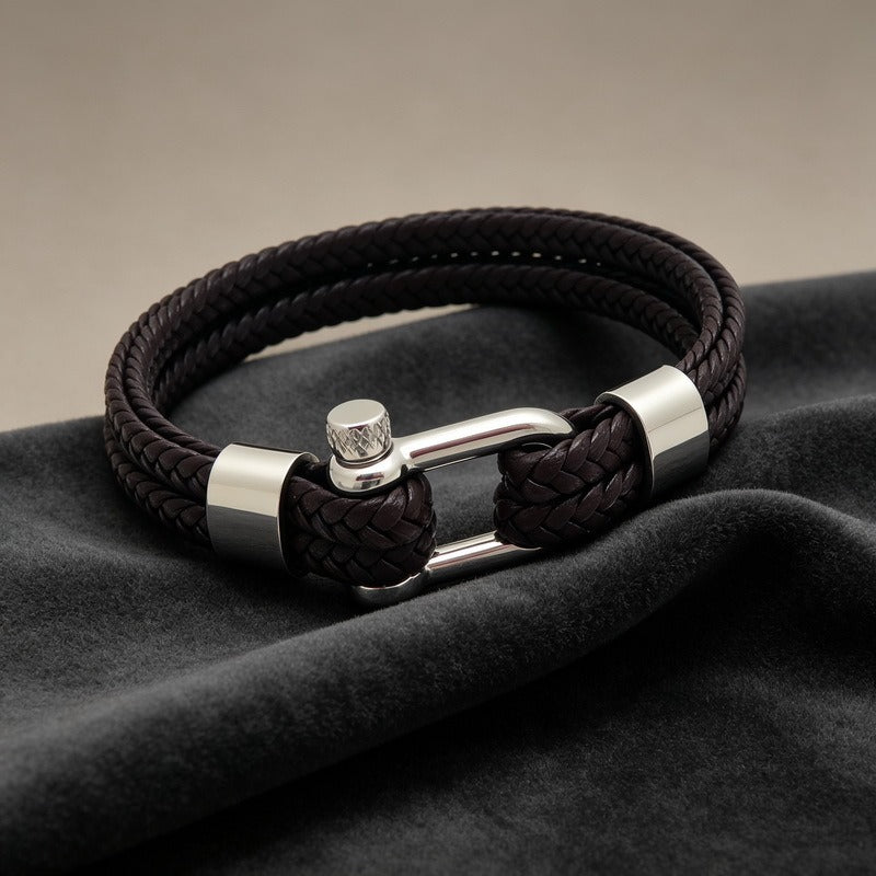 Kemstone Double Strand Braided Cord Bracelet for Men Stainless Steel Shackle Clasp KB214765-SJ