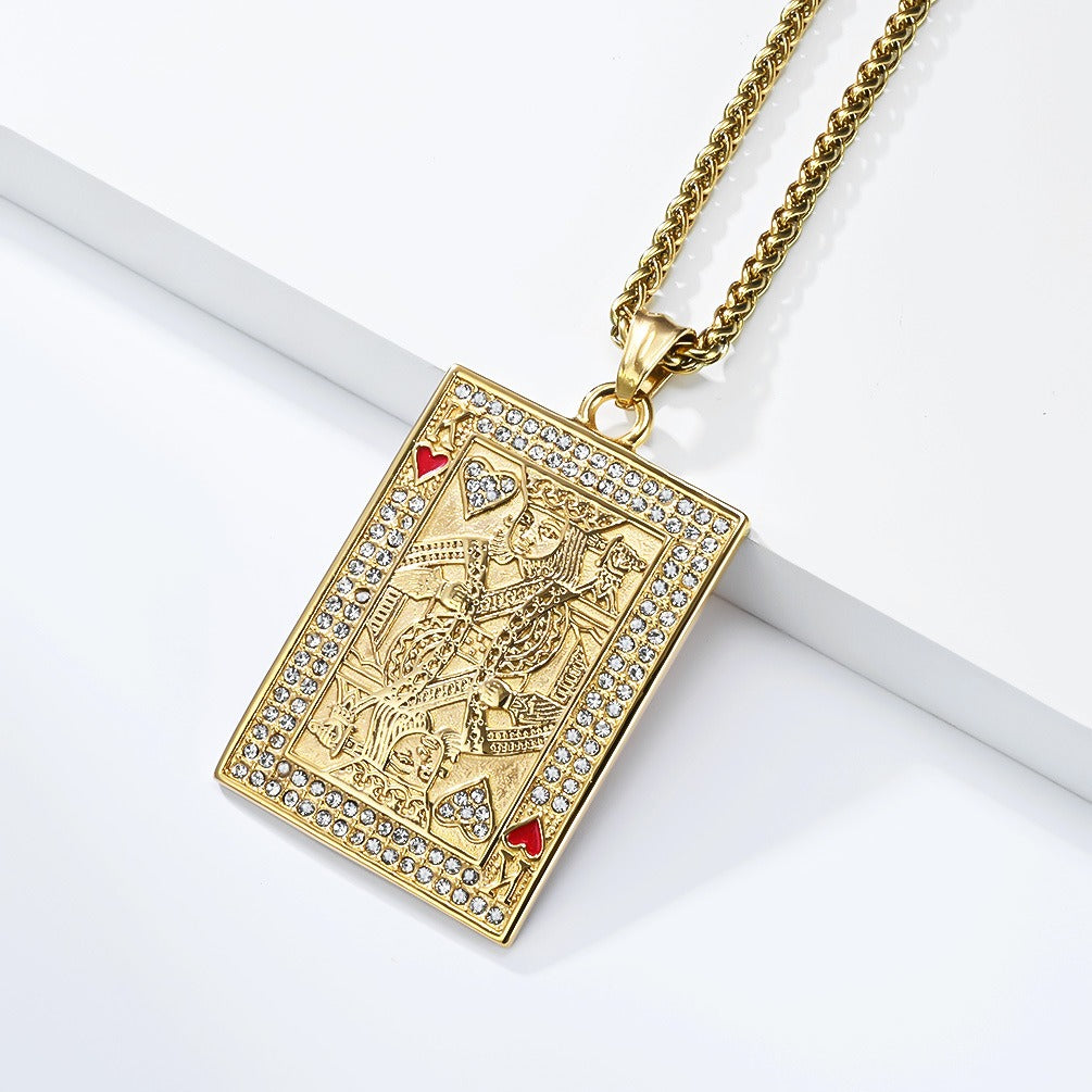 Kemstone Stainless Steel Playing Card Pendant Necklace for Men Women Iced Heart King K-PT719