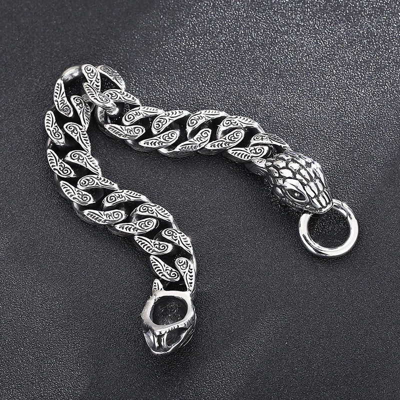 Kemstone Double Snake Head Bracelet – Titanium Steel Cuban Chain for Men | Gothic Punk Vintage Style KB161368-KJX