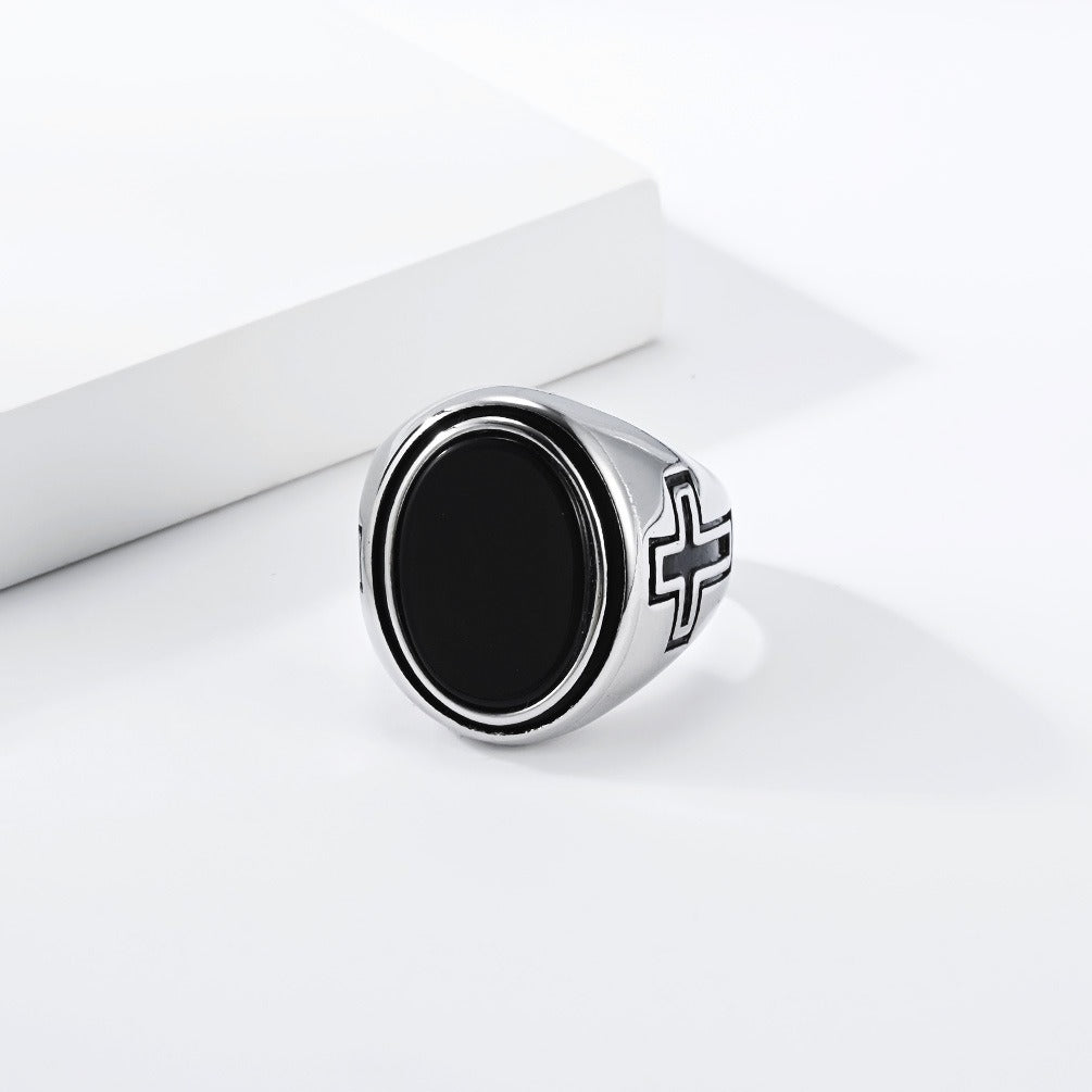 Kemston Oval Stone Signet Ring for Men Stainless Steel Engraved Cross K-R1202