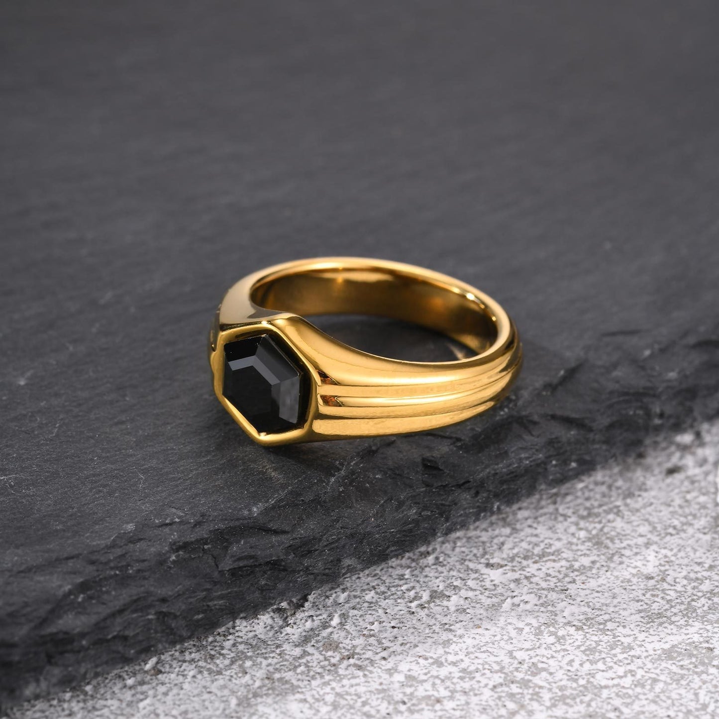 Kemstone Stainless Steel Hexagon Black Zircon Ring for Men RC-985