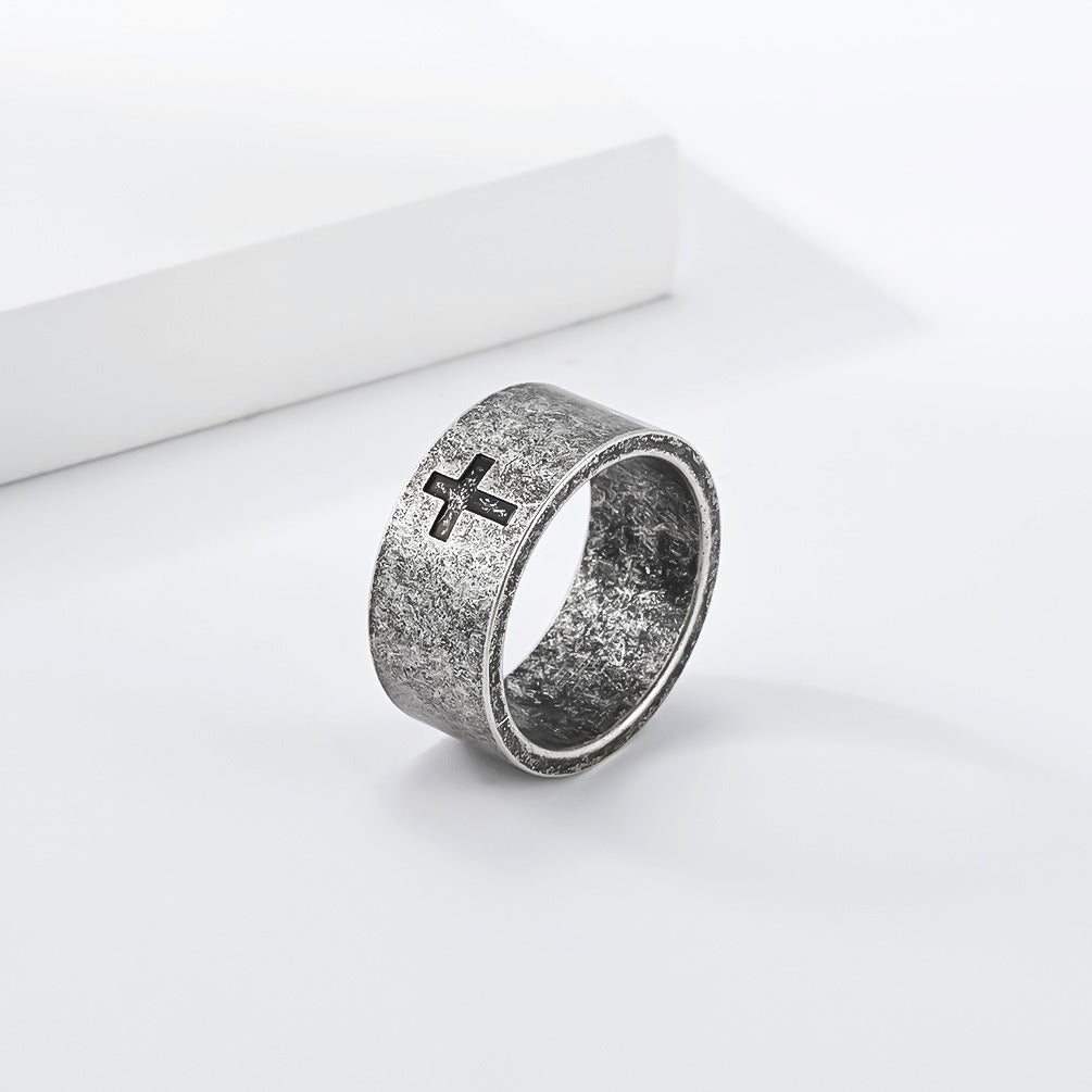 Kemstone Matte Cross Ring for Men Stainless Steel 10MM Wide Band Vintage K-R1209