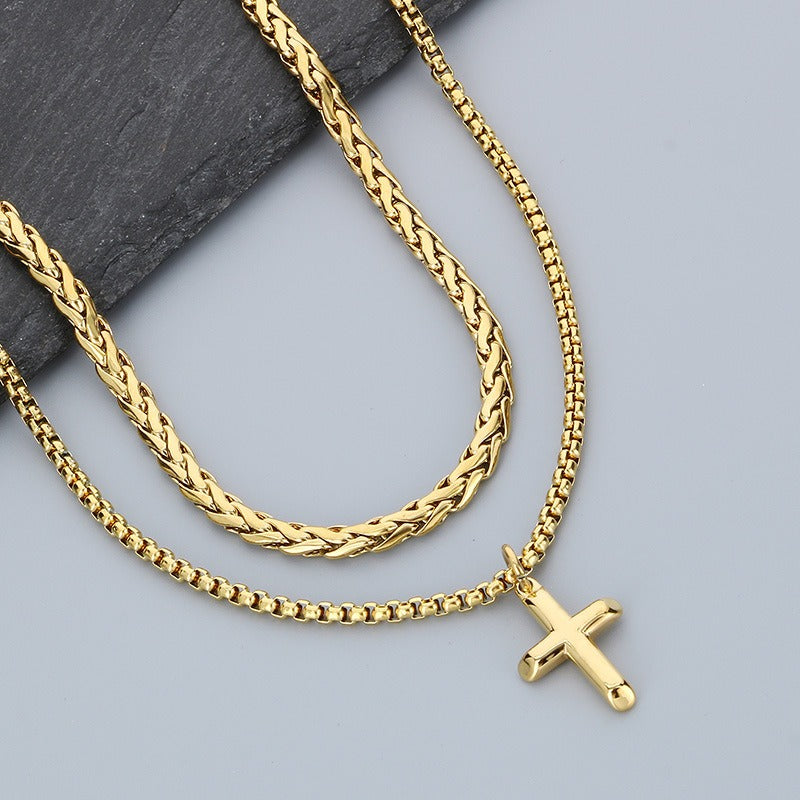 Kemstone Titanium Steel Cross Pendant Necklace for Men, Layered Box Chain Double Chain Gold Silver Black KN283141-KFC