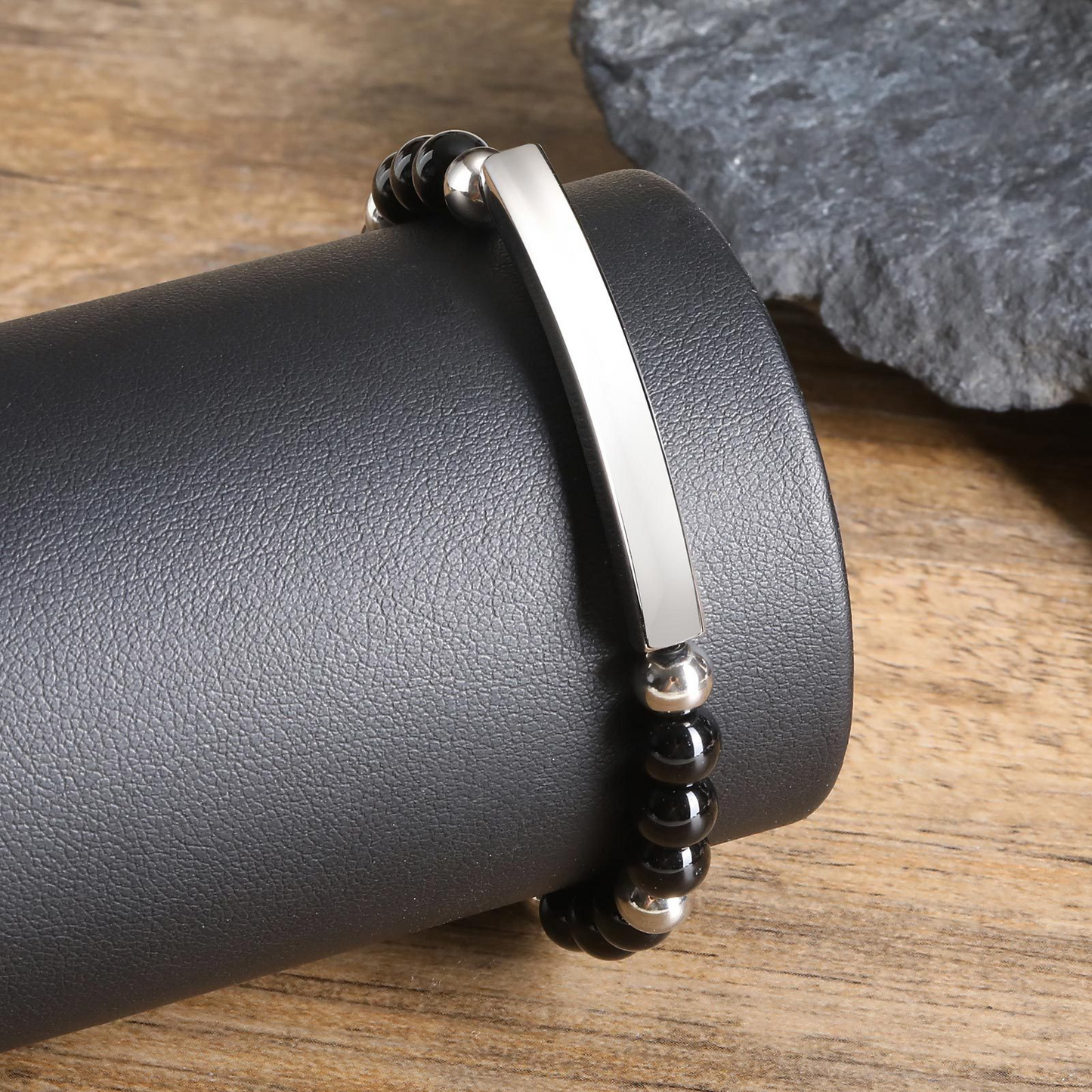 Kemstone Stainless Steel Bar Beaded Bracelet for Men – Tiger Eye & Black Onyx BR-2353