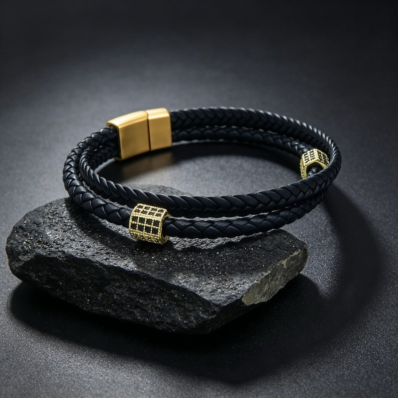 Kemstone Double Layer Braided Leather Bracelet for Men Copper Accent KB214771-SJ