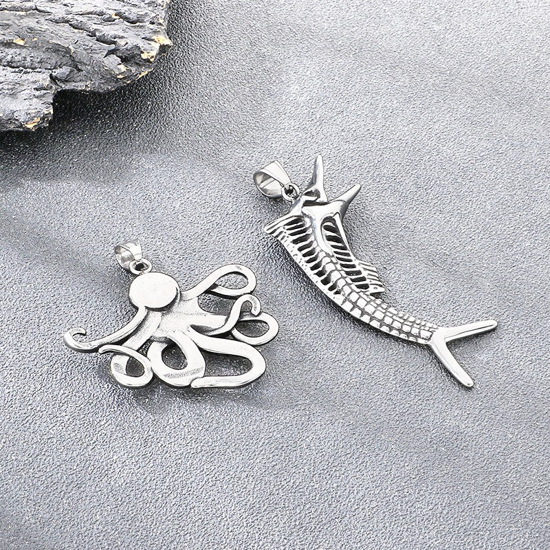 Kemstone Titanium Steel Octopus Fish Bone Pendant Necklace for Men Punk Ocean Animal Vintage Oxidized Silver KP117754-LU