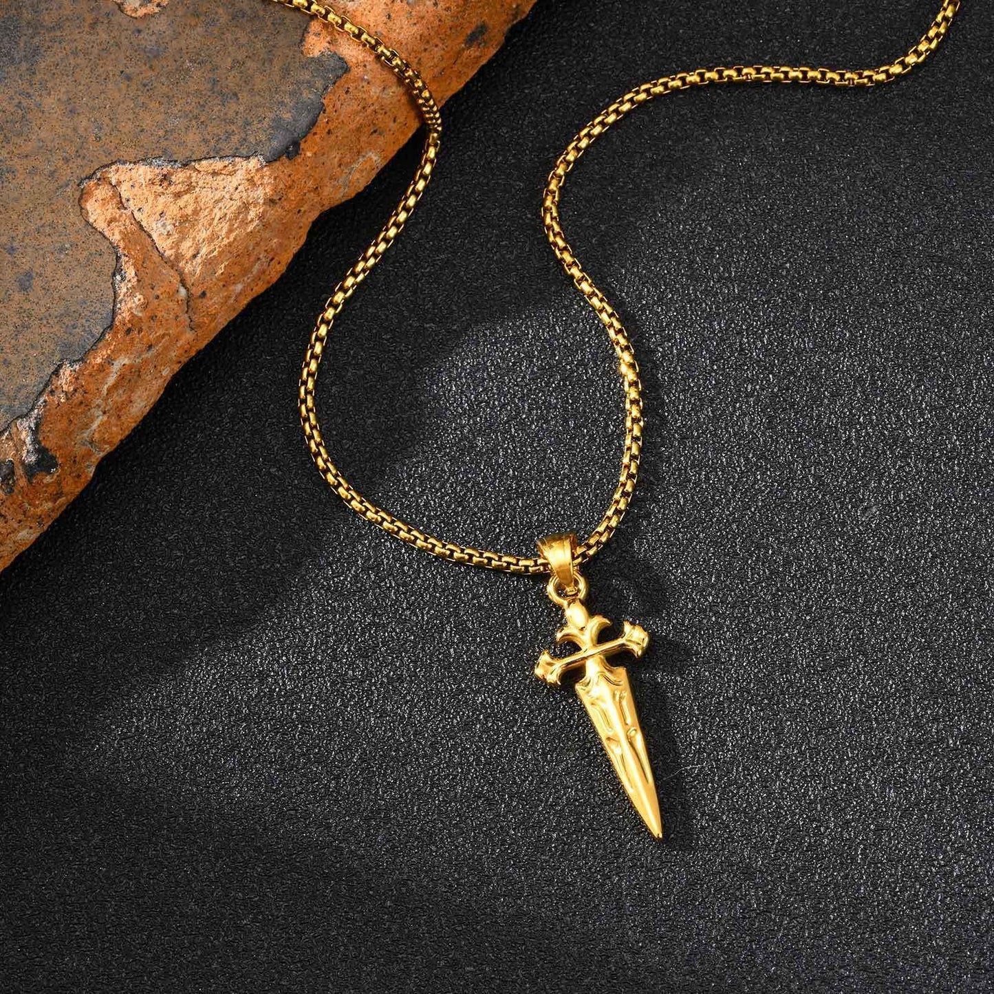 Kemstone Stainless Steel Sword Cross Pendant Necklace – Gold Silver for Men PN-2241
