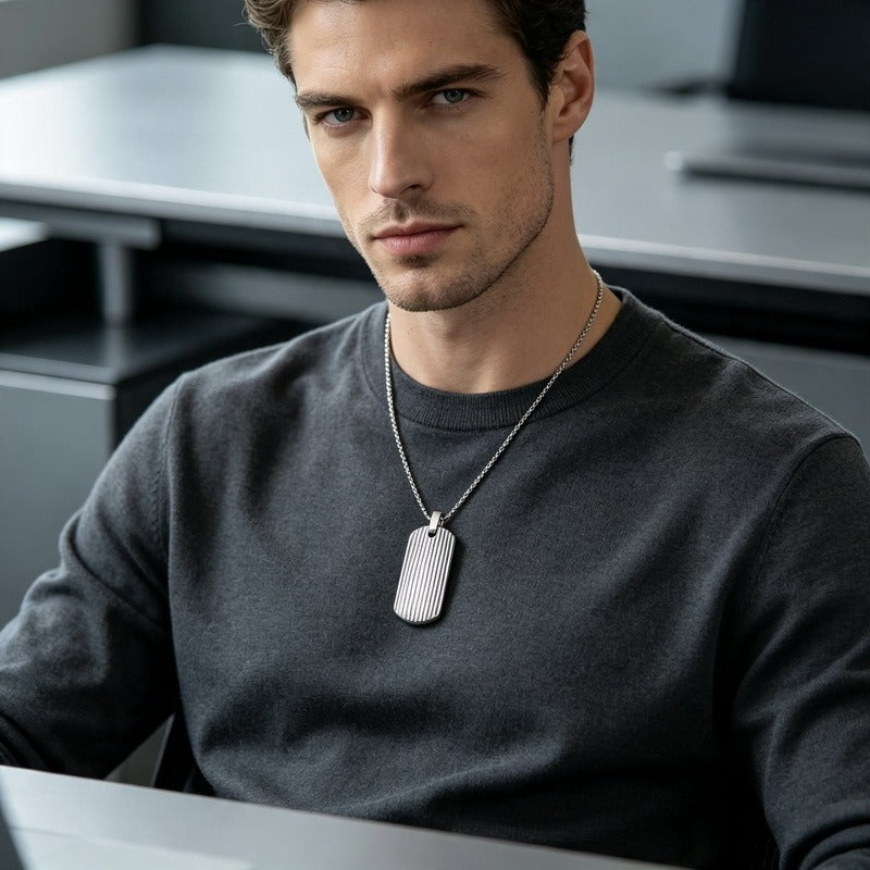 Kemston Stainless Steel Textured Tag Pendant Necklace for Men Minimalist KP118338-KJX