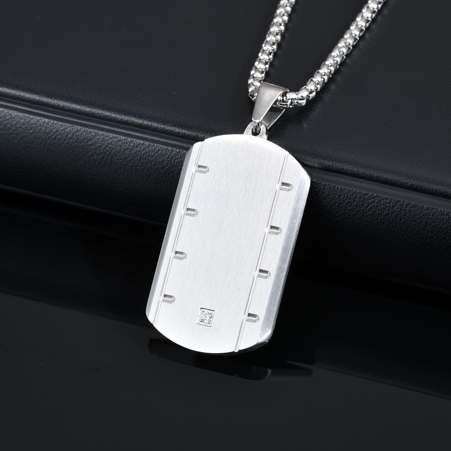 Stainless Steel Square Pendant Necklace for Men – Beveled Edge with Single Cubic Zirconia PN-2109