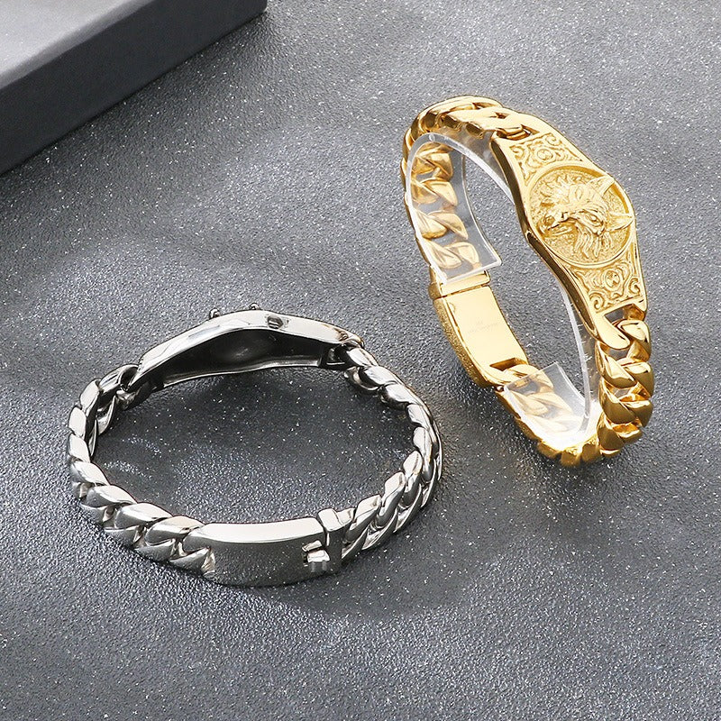 Kemstone Men’s Wolf Head Bracelet – Titanium Steel Cuban Chain 220mm KB205184-KJX