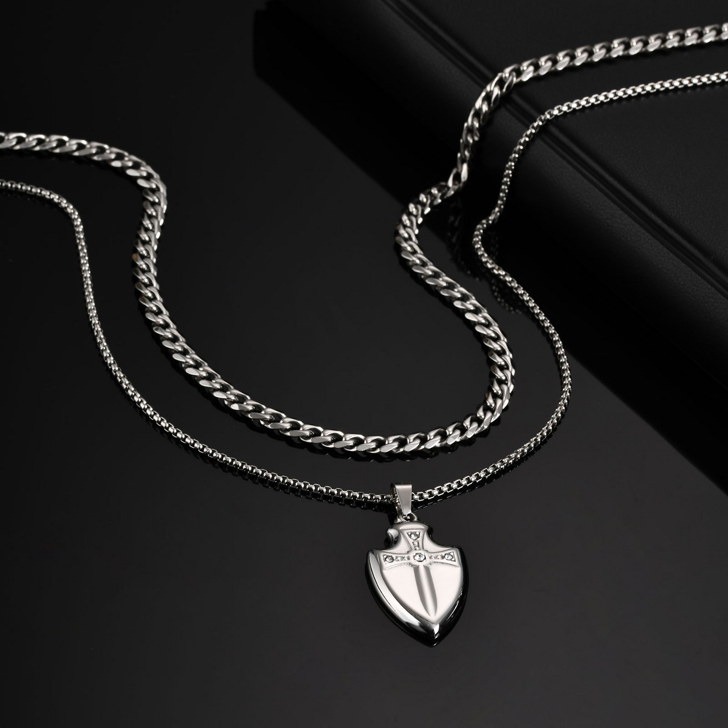 Kemstone Stainless Steel Shield Pendant Necklace for Men Cubic Zirconia Sword Design PN-2177