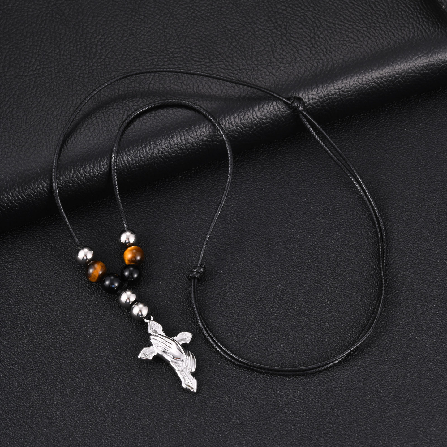 Kemston Beaded Cross Necklace for Men Black Onyx Tiger Eye Stainless Steel Adjustable Rope Pendant NC-2783