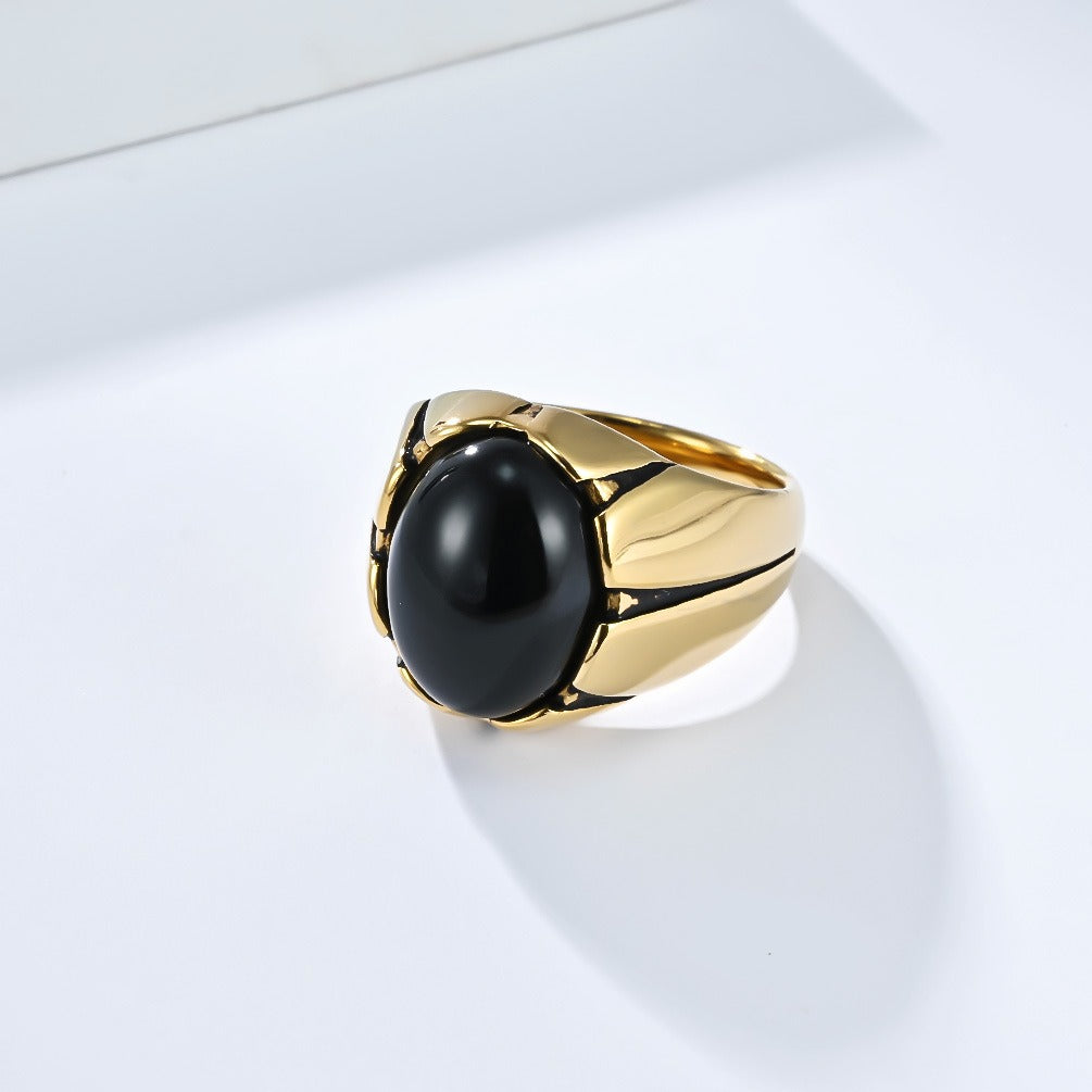 Kemstone Men’s Stainless Steel Oval Stone Ring – Black Stone & Tiger Eye K-R999
