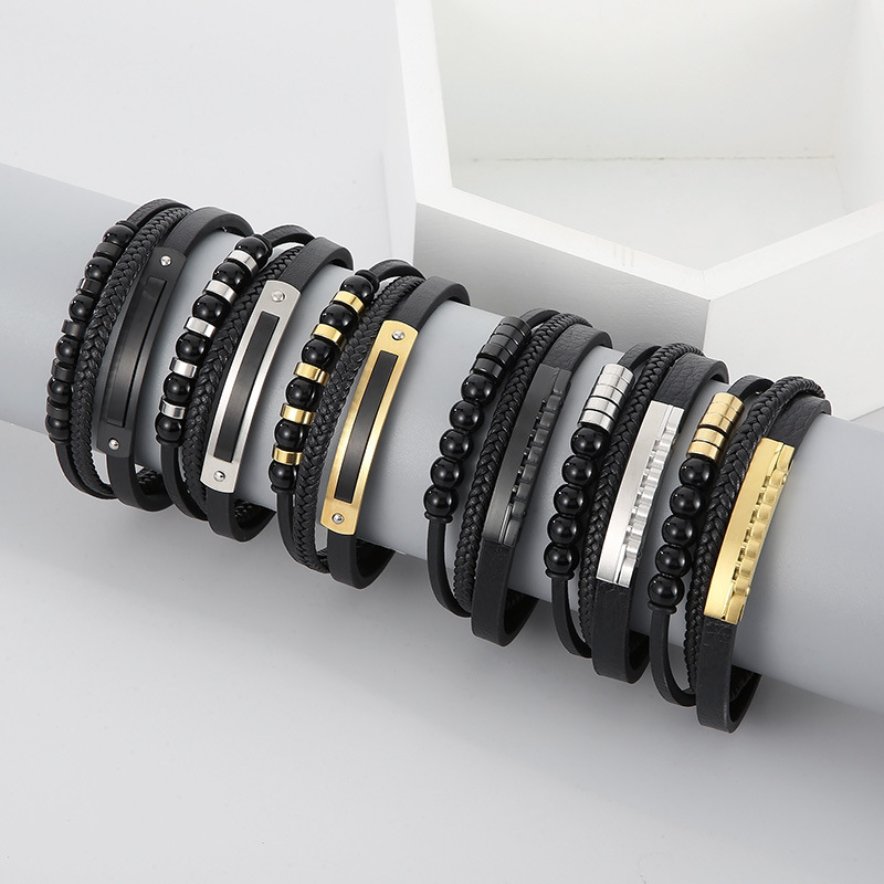 Kemstone Multi-Layer Braided Leather Bracelet for Men Beaded Titanium Steel KB147788-KLHQ