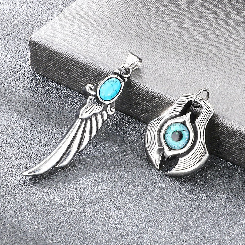Kemstone Turquoise Pendant Necklace Titanium Steel Feather Eye Symbol Design for Men KP117748-LU