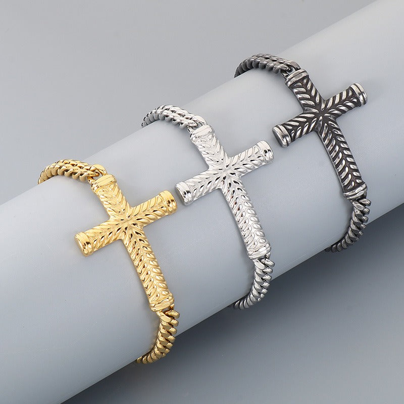 Kemstone Stainless Steel Adjustable Cross Cuban Link Bracelet for Men KB210837-KFC