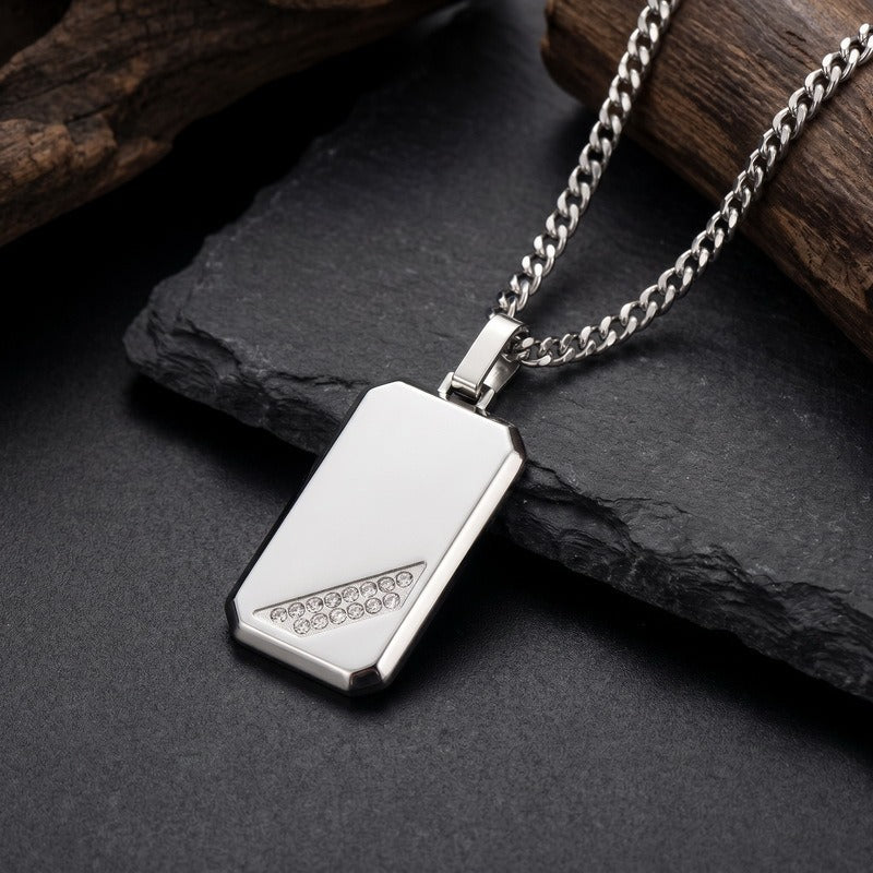 Kemstone Titanium Steel Tag Pendant Necklace for Men Angled Cubic Zirconia KN302396-KFC
