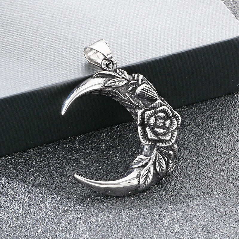 Kemstone Crescent Moon Pendant Necklace Titanium Steel Carved Floral Gothic Style for Men KP117749-LU